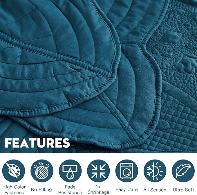 Oversized Bedspread - Queen Size Bedding Cover - Modern & Contemporary Coverlet Set, Real Stitching, Reversible, Lightweight, 4 Piece, Blue