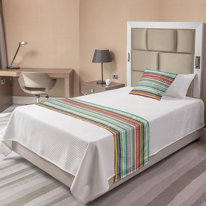 Lunarable Ethnic Bed Runner Set, Doodle Style Colorful Stripes with Circles Triangles and Arrow Timeless Art, Decorative Bedding Scarf and a Pillow Sham for Hotels Homes, Twin, Teal Magenta