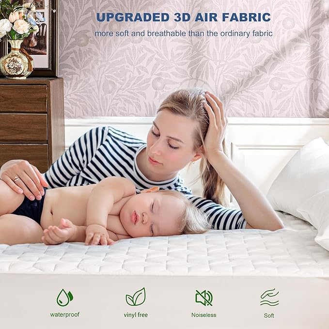 GRT Waterproof Mattress Protector Queen, Rayon Bamboo Mattress Protector Cooling Breathable, 3D Air Fabric Soft Mattress Cover with 6-26 inches Deep Pocket, Mattress Pad Machine Washable