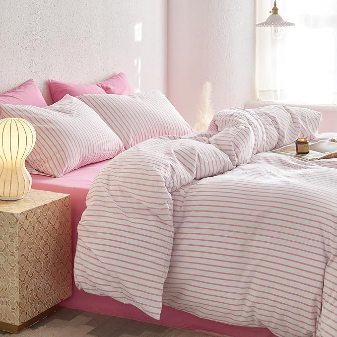 Wake In Cloud - Striped Cotton Duvet Cover Set, Ticking Stripe Vertical Pinstripe Farmhouse, 100% Washed Cotton Textured Percale Bedding Set, 3 Pieces, Pink White, Queen Size