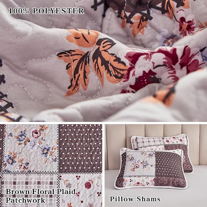 Patchwork Quilt Set King Size, 3 Pieces Brown Floral Plaid Summer Bedspread Coverlet Set, Soft Microfiber Reversible Lightweight Bed Cover for All Season (102" x 90", 1 Quilt+ 2 Pillow Shams)