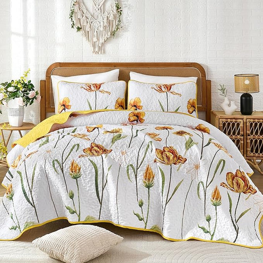 WONGS BEDDING Yellow Quilt Set King Size, Colorful Floral Quilt Set with 2 Pillowcase, Lightweight Spring Summer Farmhouse Coverlet Set for All Season (104"x90")