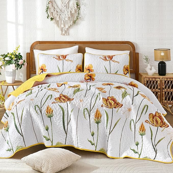 WONGS BEDDING Yellow Quilt Set King Size, Colorful Floral Quilt Set with 2 Pillowcase, Lightweight Spring Summer Farmhouse Coverlet Set for All Season (104"x90")