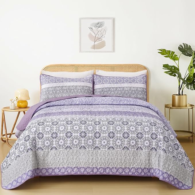 WONGS BEDDING Boho Quilt Set King, Lavender Purple Striped Patchwork Bedspread Coverlet Set with 2 Pillowcases,Bohemian Microfiber Floral Bedding Set 104"×90"