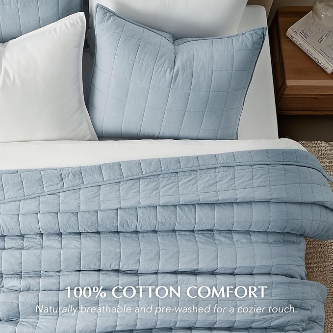 EVERGRACEHOME 100% Cotton Box Stitch Quilt Bedding Set Queen Size 3 Pieces, Garment-Washed Lightweight Soft Cozy Coverlet, Quilted Bedspread Sets with 2 Shams for All Season, Blue Linen