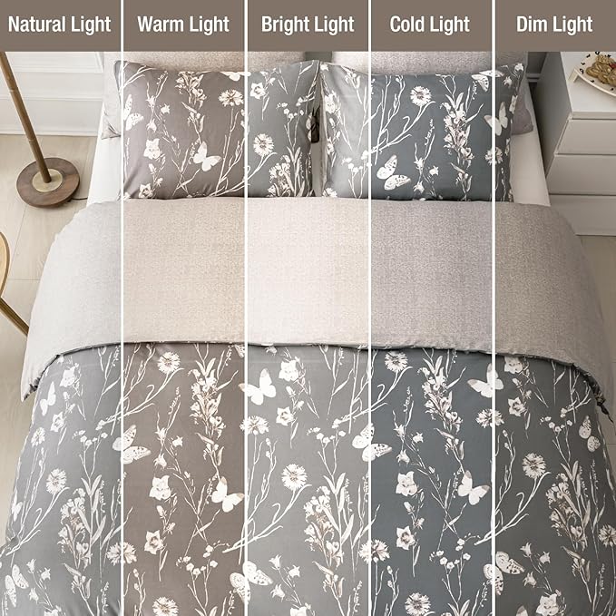 Lekesky Grey Duvet Cover Set Queen Size, Reversible Vintage Print Comforter Cover Queen Size 3pc, Soft 100% Washed Microfiber Grey Bedding Sets with Zipper Ties and 2 Pillowcases