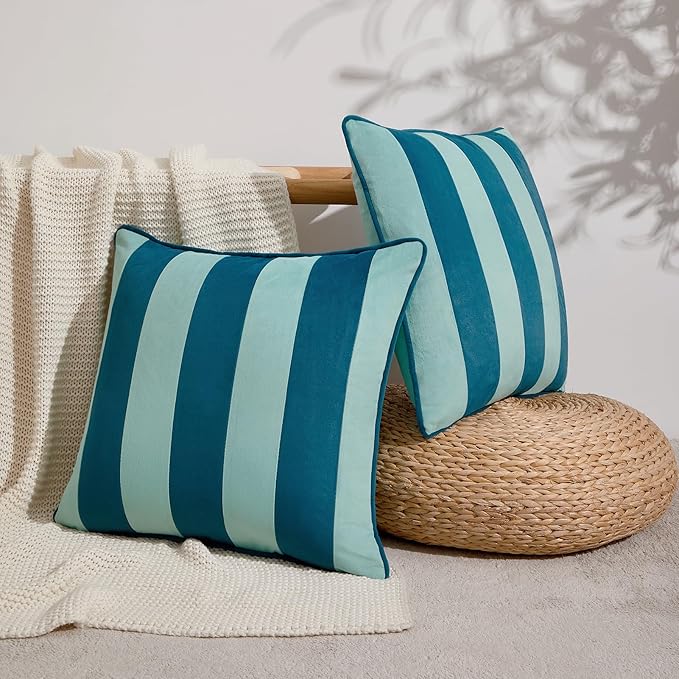 MONDAY MOOSE Decorative Throw Pillow Covers Cushion Cases, Set of 2 Soft Velvet Striped Piping Edge Designs, Pillow Inserts Not Included (22x22 inch, Blue/Light Blue)