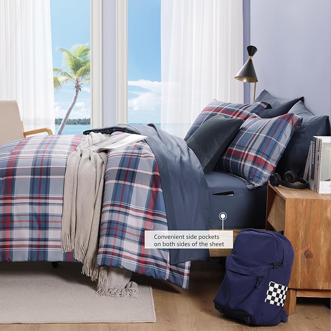 Plaid Twin XL Comforter Set Navy Red, Bedding Set 5 Pieces for Boys Girls Teen, Lightweight Bed in a Bag for Dorm with Sheets, Pillowcase & Sham