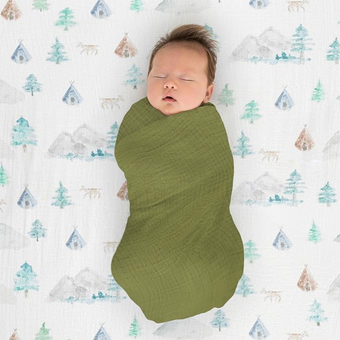 SwaddleDesigns Cotton Muslin Swaddle Blankets for Baby Boy & Baby Girl, Set of 4, Neutral Receiving Blankets for Newborn, Baby Registry & Gift, 46x46 inches, Watercolor Mountains & Trees