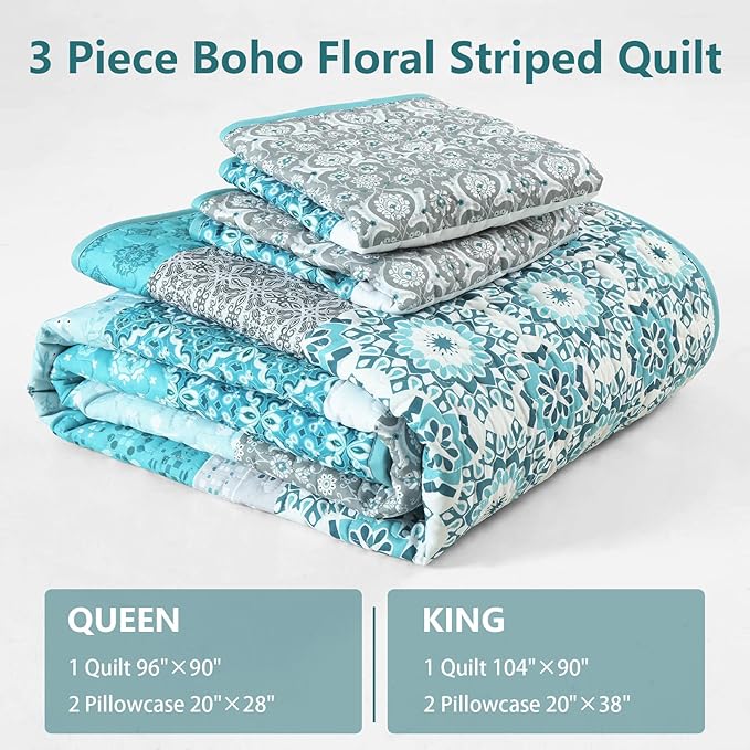 WONGS BEDDING Boho Quilt Set Queen Size,Teal Bohemian Striped Patchwork Bedspread Set,3 Pieces Microfiber Bedding Set for All Seasons (96"x90")