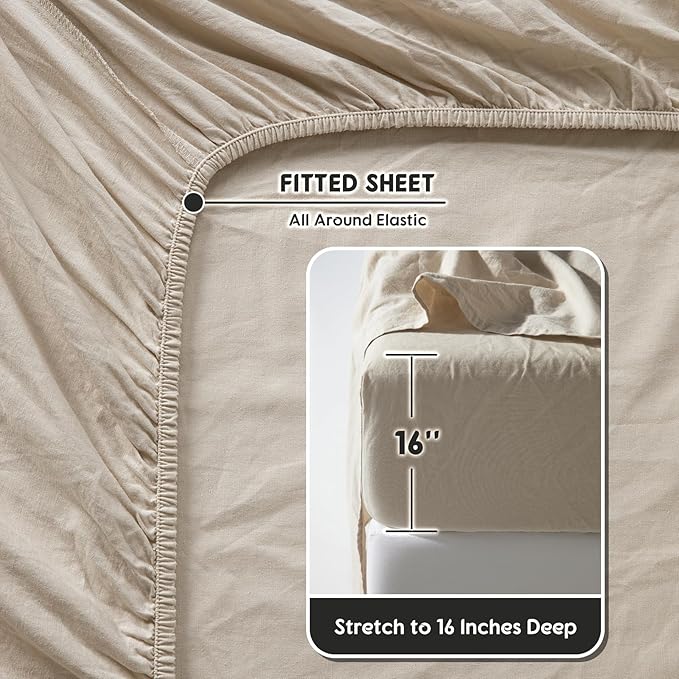 SONORO KATE 100% French Pure Linen Sheets, Breathable and Durable Linen Full Size Sheets, Anti-Tear Linen Bed Sheets, Machine Washable, 16 Inch Deep Pocket - 4 Piece (Natural Linen, Full)