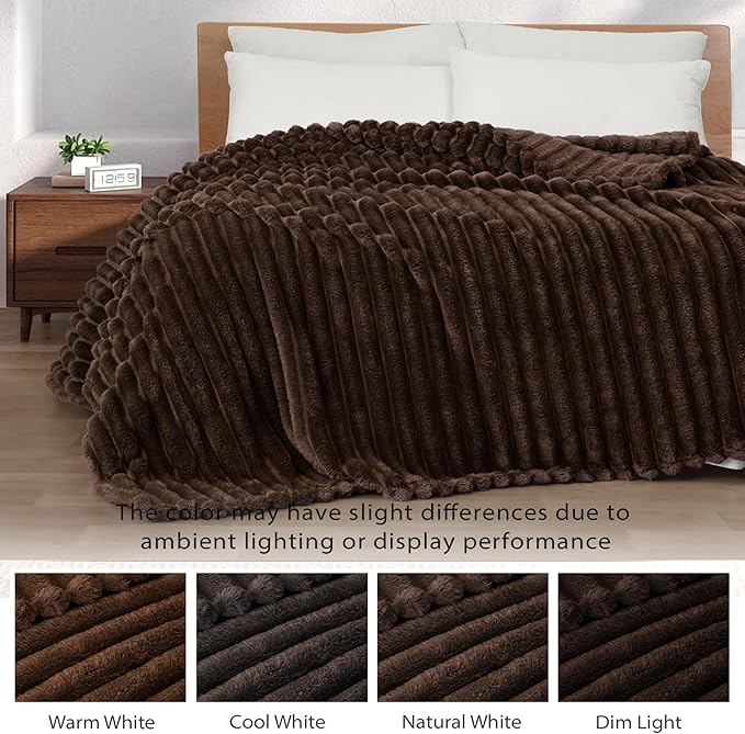 Exclusivo Mezcla Queen Size Flannel Fleece Blanket, Super Soft Striped Jacquard Bed Blanket, Lightweight Fuzzy Cozy for All Seasons, 90x90 Inches, Coffee