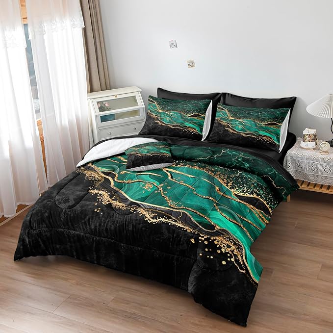 Green Marble Comforter Set Emerald Green Bedding Comforter Black Gold Marble River Abstract Texture Black and Green Comforter Full Size Bed in a Bag 8 Pieces