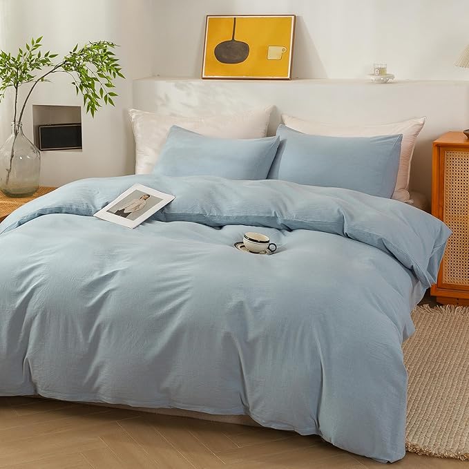 ECOCOTT Haze Blue Duvet Cover King Size, 3 Piece 100% Washed Cotton 1 Duvet Cover with Zipper and 2 Pillowcases, Ultra Soft and Easy Care Breathable Cozy Bedding Set (Haze Blue,King)