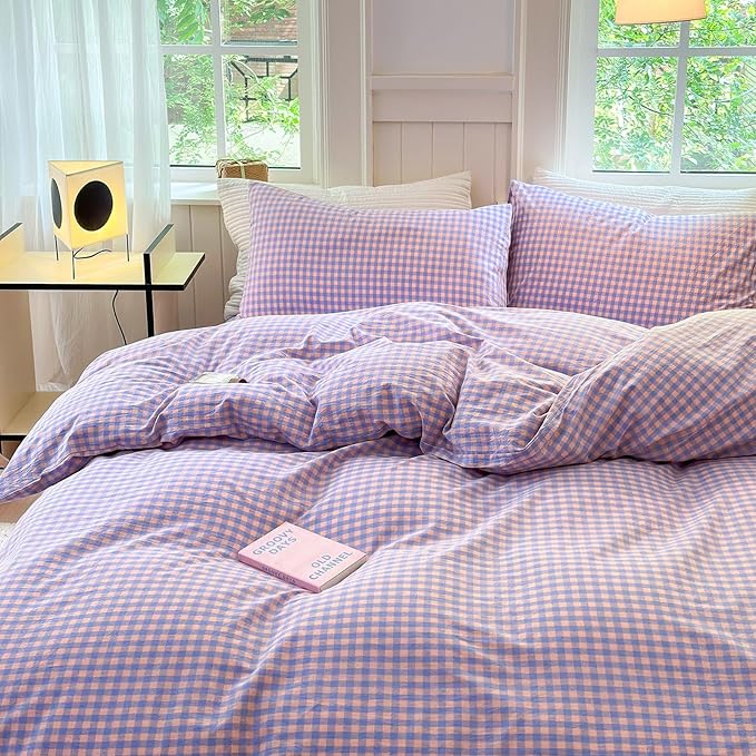 LifeTB Purple Gingham Comforter Set Full Modern Style Purple Pink Grid Plaid Comforter Soft Fluffy 3 Pieces Checkered Pattern Comforter Set Farmhouse Gingham Bedding Comforter with 2 Pillowcases