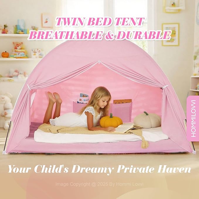 Twin Bed Tent for Girls, Indoor Blackout Sleeping Tent with Dreamy Canopy, Breathable Privacy Bunk Beds, Ideal for Drafty Rooms or Cottage-Style Spaces, Pink
