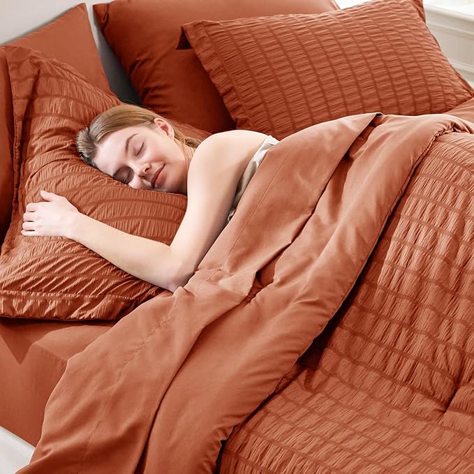 CozyLux King Size Comforter Set Burnt Orange Seersucker 7 Pieces Bed in a Bag King Comforter Set with Sheets Terracotta Luxury Bedding Set with Down Alternative Comforter, Sheets, Pillowcases & Shams