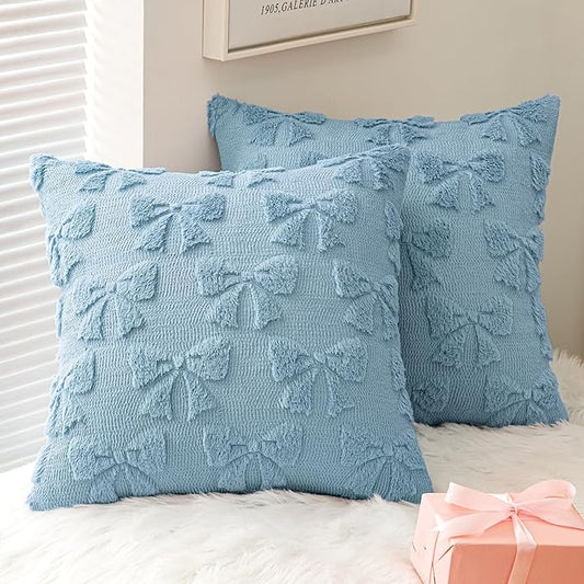 MIULEE Blue Bow Pillow Covers Coquette Room Decor Aesthetic Set of 2 Decorative Cute Girl Vlentine Pillow Covers Spring Soft Plush Faux Pillowcase for Preppy Room Decor Bedroom Couch,20x20 Inch