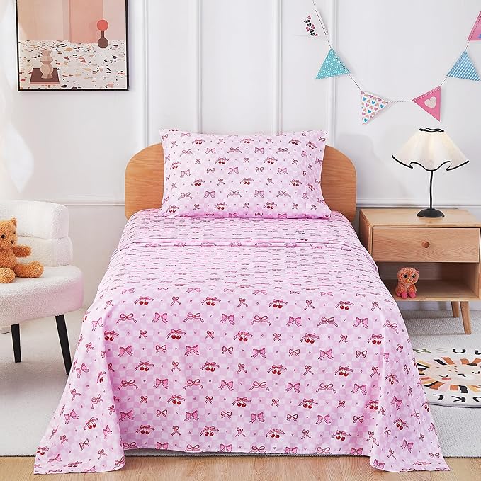 Kids Sheet Set Twin Size, Twin Sheet Set with Pink Cherry Pattern，Breathable Silky Soft Microfiber Kids Fitted Sheet