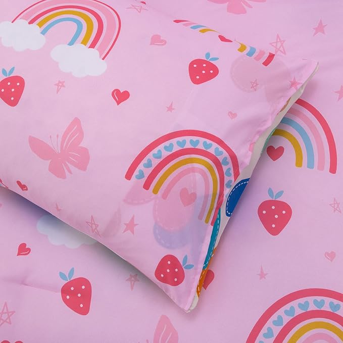 Btargot Lightweight Soft 3 Piece Rainbow Comforter Set with 2 Pillow Covers, Cartoon Butterfly Leaves Flowers Bedding Set for Girls Boys Kids, Full Pink