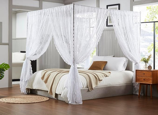 Warm Home Designs Lace Canopy Bed Curtains Set Consists of 8 48" x 78" White Canopy Curtains with Tie-Backs. Queen Canopy Bed Curtains or King Bed Canopy Curtains for Coquette Bedroom Decor. LC White