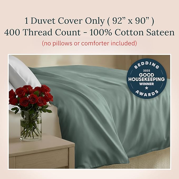 Full/Queen Size Duvet Cover Only - Natural 100% Cotton, Premium 400 Thread Count Queen Duvet Cover Cotton, Soft Sateen Weave, Button Closure and Corner Ties - Sage Green