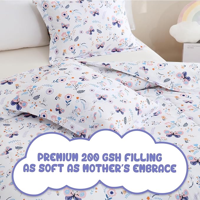 Yibeizi Floral Comforter Set for Girls Twin, Kids Butterfly Printed Bedding Set with Pillow Sham, Cute Lightweight Soft Breathable Machine Washable Quilted Bed Comforter Set 2 Piece