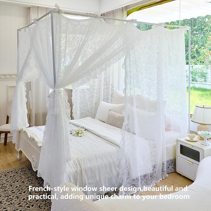 AIKASY Elegant Lace Princess 4-Poster Bed Canopy Mosquito Net - Romantic Wedding Bridal Bedroom Decor, Kids Room Bed Curtain for Women Adults - (White-3,Queen)