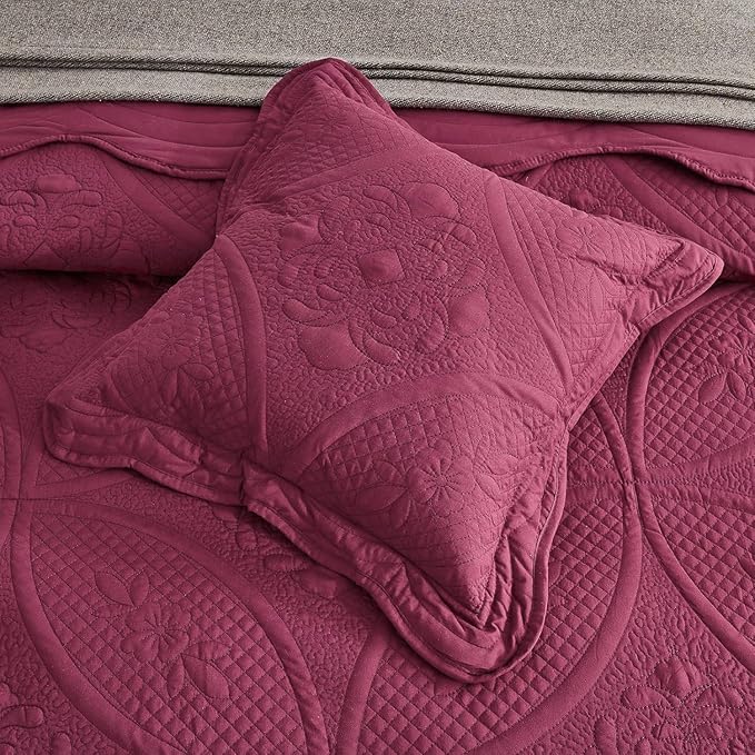 Bedspread - Full Size Bedding Cover - Modern & Contemporary Coverlet Set, Real Stitching, Reversible, Lightweight, 5 Piece, Burgundy