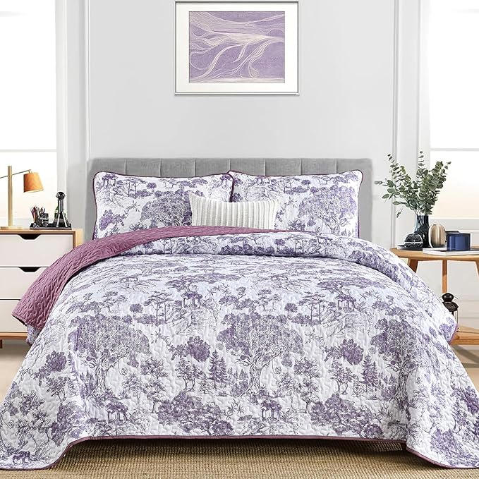 WONGS BEDDING Botanical Quilt Set Queen Size, Purple 3 Pieces Toile Floral Plants Printed Bedspread Bedding Set Soft Lightweight Microfiber Coverlet Set for All Season (96"x90")