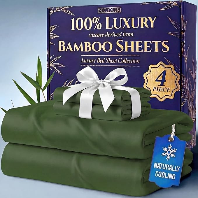DECOLURE 100% Viscose Derived from Bamboo Sheets Full Size - Luxury 4 Pc Naturally Cooling Sheets, Ultra Soft Bed Set - Deep 17" Pockets, Durable Double Stitching, Oeko Tex Standard (Olive)
