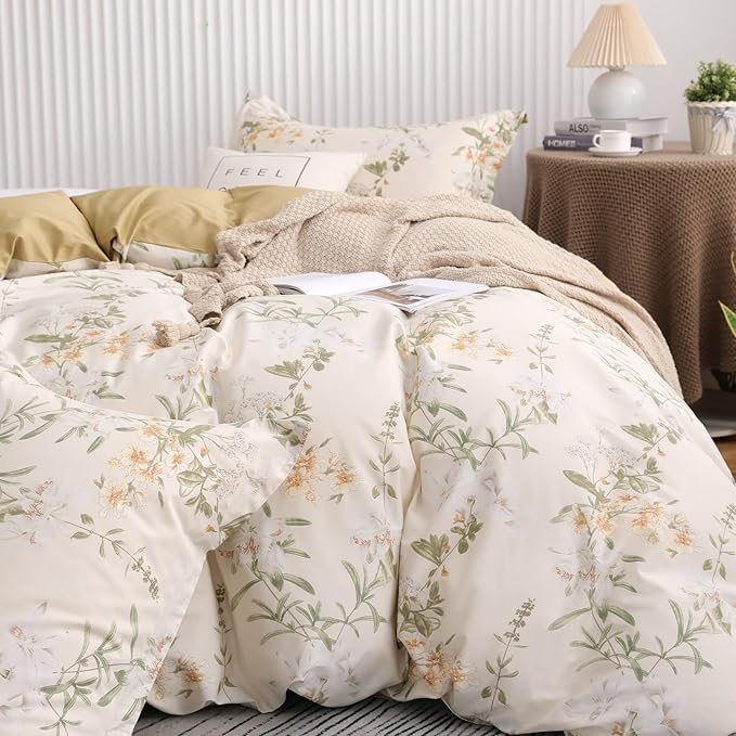 OAITE Duvet Cover Set Twin Size Floral Pattern 600 Thread Count Ultra Soft 100% Long Staple Cotton Duvet Cover Sets 3-PC, Breathable Duvet Cover with Zipper Closure & Corner Ties