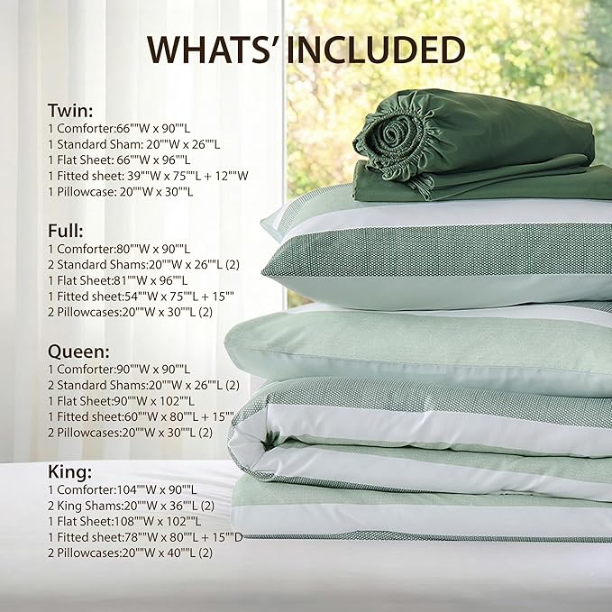 Full Size Modern Striped Comforter Set, Lightweight Soft Microfiber Bedding Sets for All Season 7 Pieces Bed in A Bag Set with Comforter, Sheets, Pillowcases & Shams, Sage Green