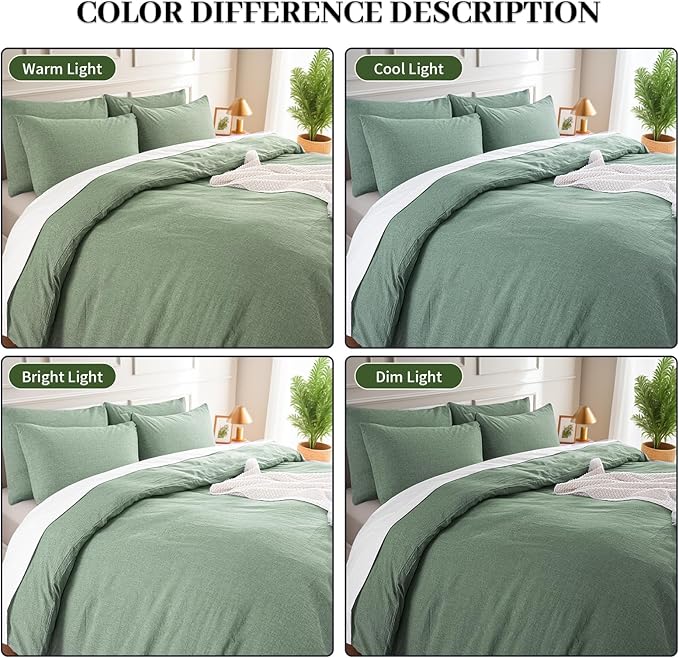 NEXHOME PRO Duvet Cover Queen 100% Washed Cotton, Organic Natural Linen Like Textured, Breathable, Durable, Home Bedding Set, Heathered Green 9090