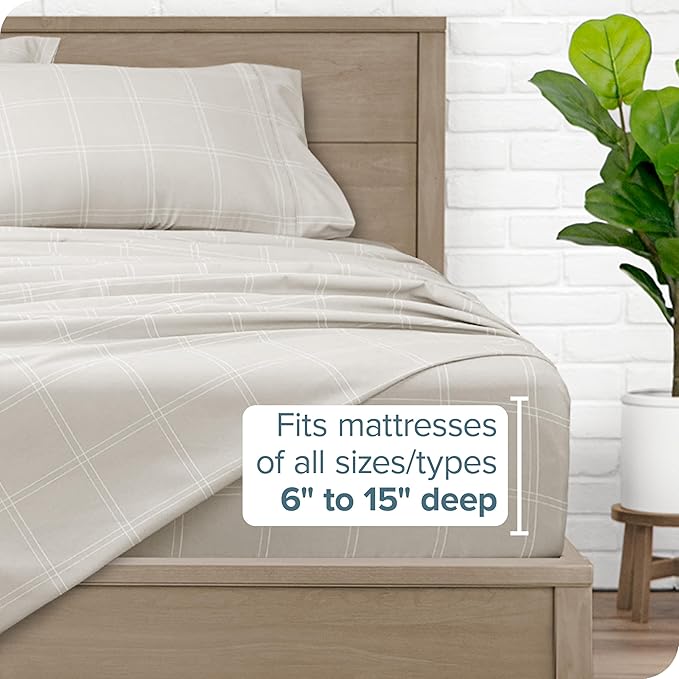 Bare Home Queen Sheet Set - Luxury 1800 Ultra-Soft Microfiber Double Brushed - Deep Pockets - Easy Fit - 4 Piece Set (Queen, Modern Plaid - Stone/White)