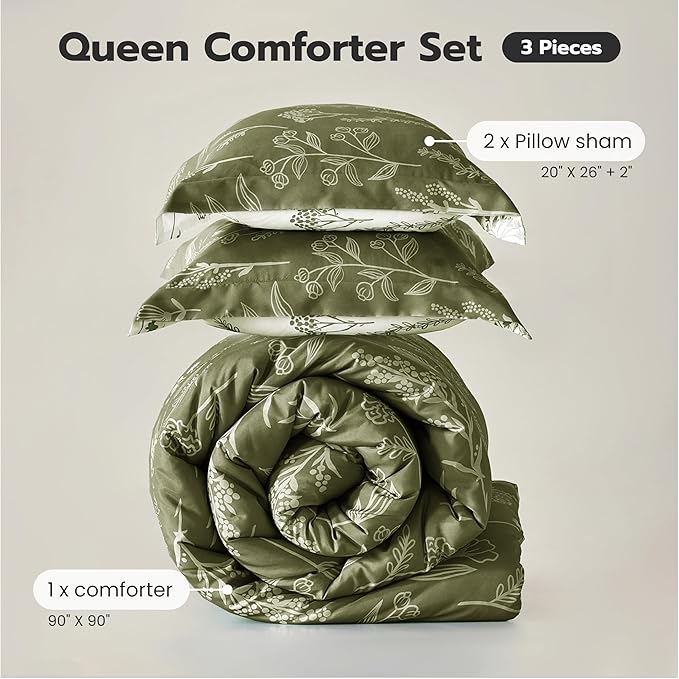 Joiedomi King Size Comforter Set Olive Green, 3 Pieces Floral King Bedding Set with 1 Soft Reversible Botanical Comforter and 2 Pillow Shams, Bed in a Bag for All Seasons