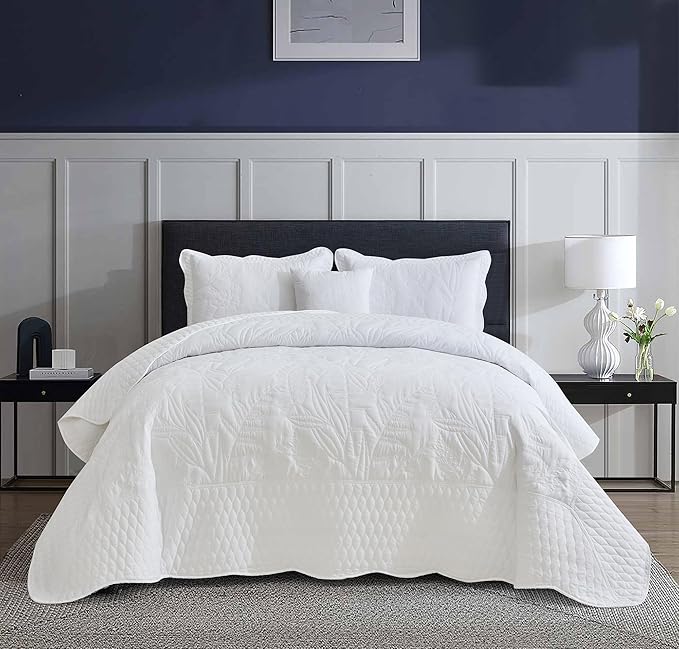 Botanical Bedspread Full Size - Leaves Pattern Stitching Quilt Set - Elegant & Fresh Style Bedding Coverlets, Reversible, Lightweight, 5 Piece, White
