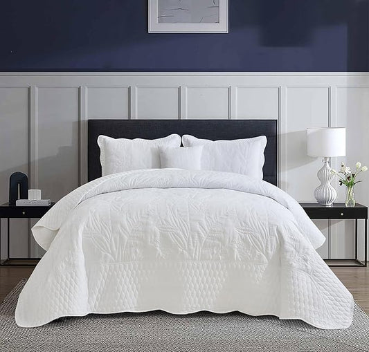 Botanical Oversized Bedspread King Size - Leaves Pattern Stitching Quilt Set - Elegant & Fresh Style Bedding Coverlets, Reversible, Lightweight, 5 Piece, White