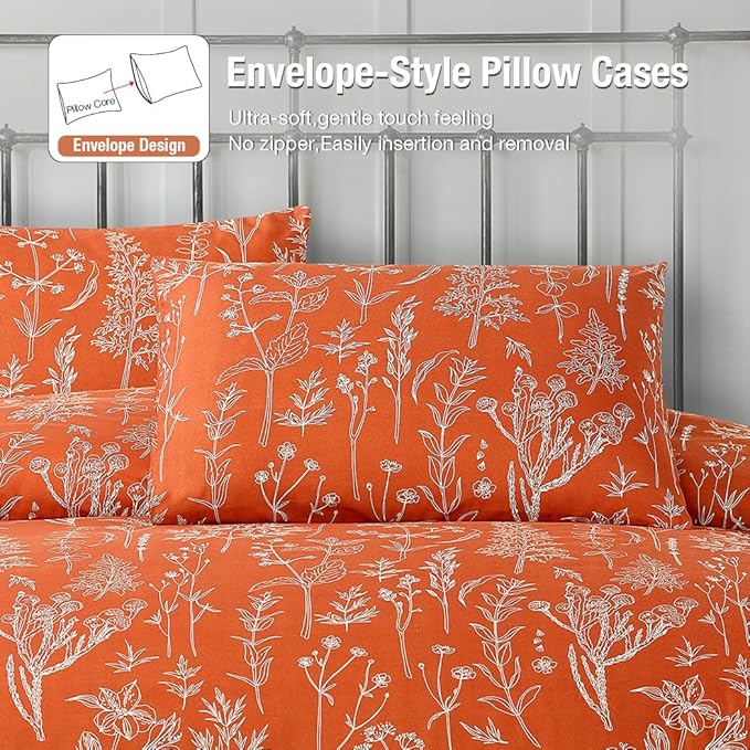 Lekesky Floral Duvet Cover King Size, Burnt Orange Duvet Cover King Plant Flowers Pattern Bedding Set for All Season, Soft Breathable Duvet Cover with Zipper Closure & Corner Ties