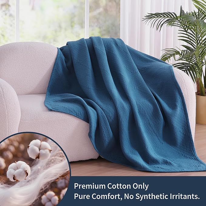 Premium 100% Cotton Blanket – All-Season Soft Breathable Bed Blanket for Queen Size – Lightweight Stylish Textured Throw for Bed– Giftable Cozy Bedding