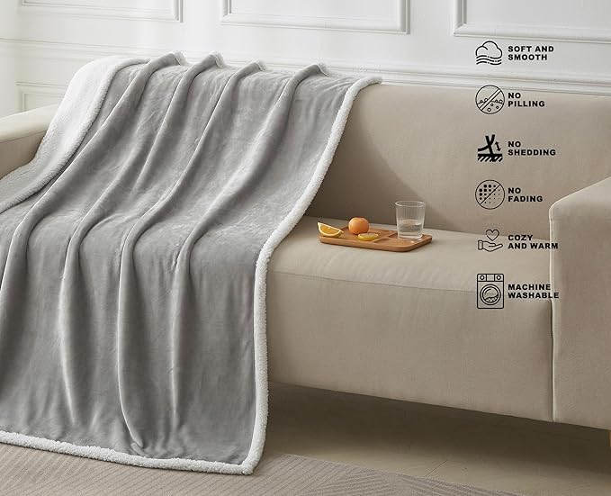 Twin Size Sherpa Fleece Blanket, Warm Thick Flannel Blanket for Bed, Super Soft Fuzzy Reversible Plush Blankets, Oeko-TEX Certified, Valentine’s Day Gifts, Grey 60x80 Inches