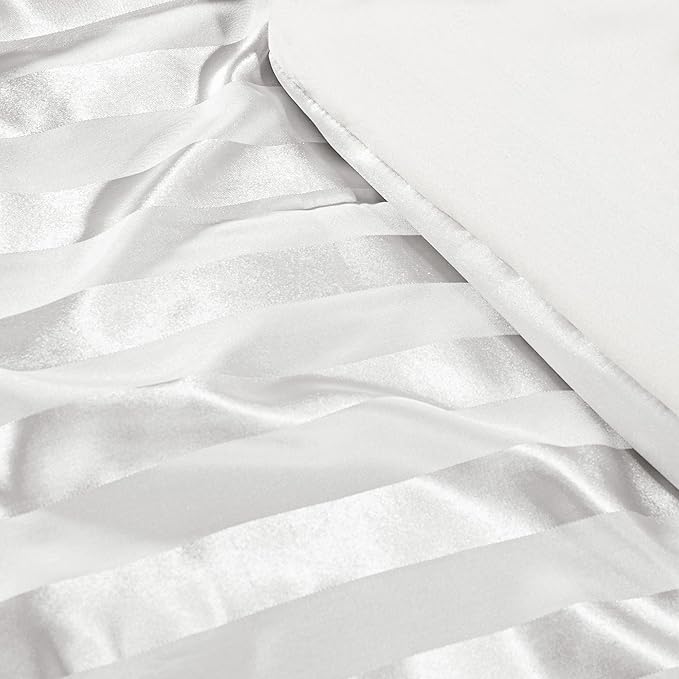 Whale Flotilla 2-Piece Reversible Silky Soft Twin Size Comforter Set, Luxury Stripe Satin Comforter Bedding Set with Satin Pillowcase, Lightweight Duvet for All Seasons, White