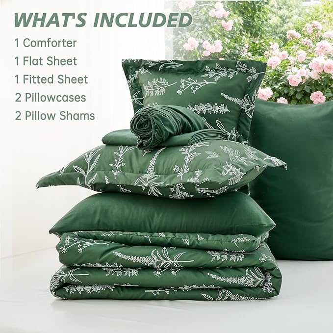 MUXHOMO Dark Green Cal King Comforter Set, Elegant Floral Print Bed in a Bag 7 Pieces, Ultra Soft & Breathable Reversible Botanical Pattern Bedding Set with Comforter, Sheets, Pillowcases, and Shams