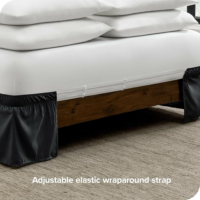 Bare Home Wrap Around Bed Skirt - for Queen Size Beds with 15 inch Tailored Drop - Easy Fit Elastic Strap - Adjustable and Ruffled Style - Wrinkle, Fade, and Stain Free (Queen, Black)
