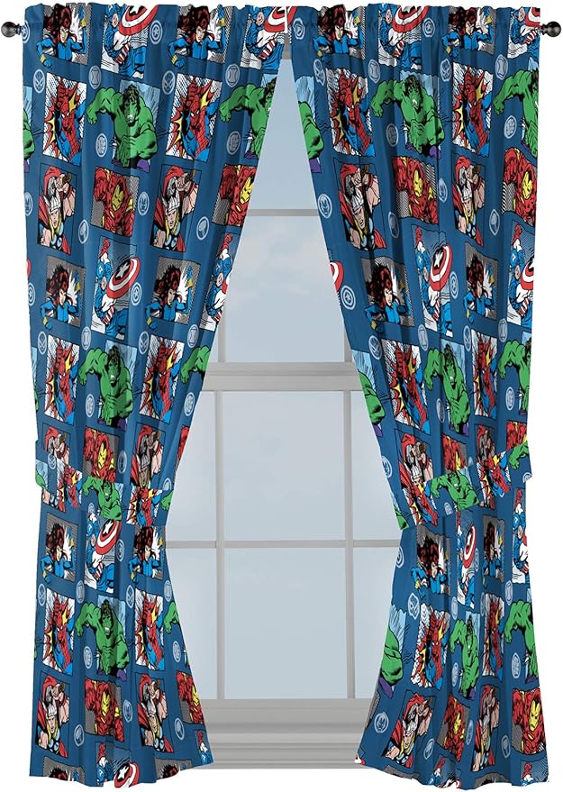 Jay Franco Marvel Avengers Fighting Team 63" Inch Drapes - Beautiful Room Décor & Easy Set Up, Bedding - Curtains Include 2 Tiebacks, 4 Piece Set (Official Marvel Product)