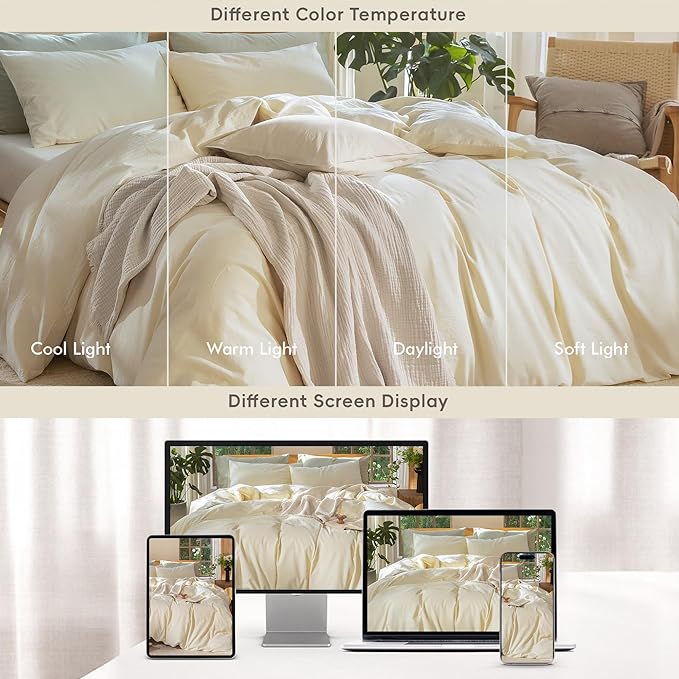 MooMee Bedding Duvet Cover Set 100% Washed Cotton Linen Like Textured Breathable Durable Soft Comfy (Solid Cream, King 104"x90")