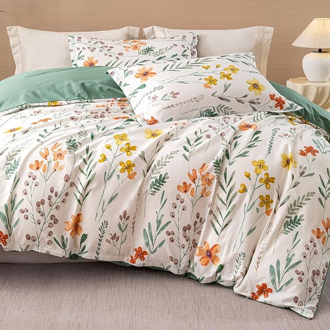 OAITE Duvet Cover Set Queen Size Floral Pattern Ultra Soft 100% Cotton Duvet Cover Sets 3-PC, Breathable Duvet Cover with Zipper Closure & Corner Ties(2 Pillow Shams,1 Duvet Cover)