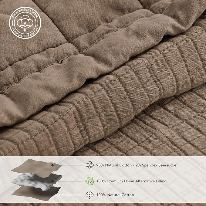 EVERGRACEHOME Stonewashed Cotton Quilt Set Full Queen Size, Ultra Soft Oversized Bedspread Coverlet Set, Lightweight Crinkle Box Stitch Bedding Sets for All Season, with 2 Shams, Mocha Brown