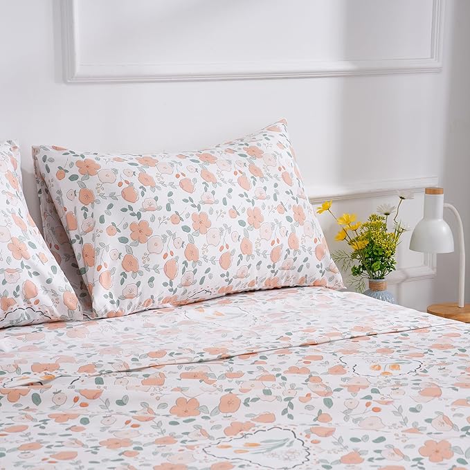 Luxurious Floral Printed Queen Size Sheet Set - 4 Piece Soft Microfiber Sheets and Pillowcases - Deep Pocket, Wrinkle-Free and Soft Bedding - Elegant Microfiber Bed Set