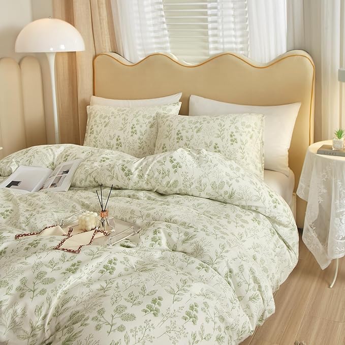 HighBuy 3 Pieces Duvet Cover King Size White Duvet Cover with Green Floral Print,Coquette Soft Cotton Comforter Cover Boho Style,Aesthetic King Bedding Set with Zipper Closure 4 Ties
